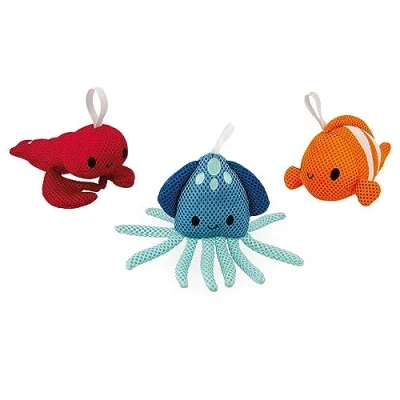 Image of Janod 3 Children’s Plush Toys Learn to Wash Fabric Lobster, Clownfish and Octopus Bath 10 Months +, J04731, Multicolor