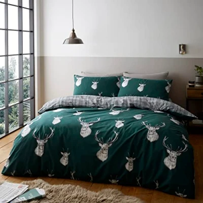 Image of Catherine Lansfield Munro Stag Check Green Duvet Cover Set 200 x + 2 (50 80)