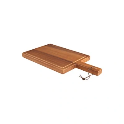 Image of T&amp;G Woodware 10650 Tuscany Chunky Handled Chopping Board with Groove and Leather Tie in Acacia, Small, 35 x 18 20 cm, Brown