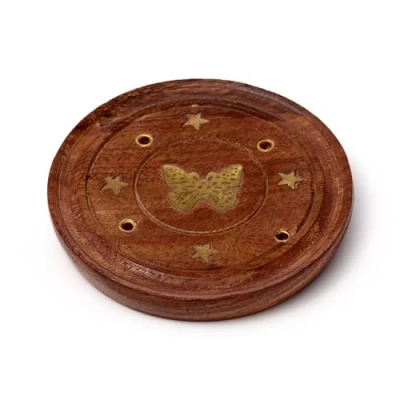 Image of Puckator Sheesham Wood Round Ashcatcher Incence Burner with Butterfly Inlay Zen Spiritual Modern Gothic Home Room Decor Decorations Meditation Accessories Stick Sticks Cone Holder Burners