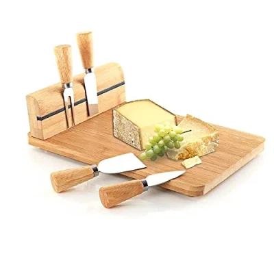 Image of Beautiful Cheese Board with Knives Set Platter Knife Wooden Serving Charcuterie and Meat 30x20x9 cm