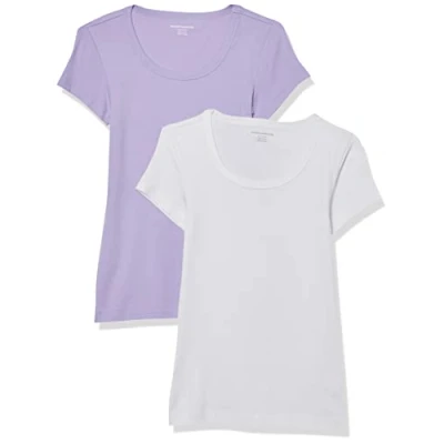 Image of Amazon Essentials Women&#039;s Slim Fit Cap Sleeve Scoop Neck T Shirt, Pack of 2, White/Lavender, XL