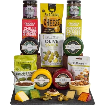 Image of InterCheese Gourmet 4 Cheeses, 2 Crackers and Chutney Hamper with Cheddar, Double Gloucester, Wensleydale Derby Cheese Truckles Snacks presented in Wood Wool