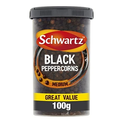 Image of Schwartz Medium Black Peppercorn Drum 100 G Mild Heat, Spicy Kick and Hot Biting Flavour Deep Zesty Distinctive Aroma Perfect for Marinades, Sauces, Steaks Kebabs