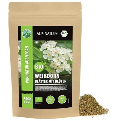 Image of organic hawthorn tea, leaves with blossoms, from wild collection, tea cut, 100% gently dried, natural hedge thorn (250 GR (8.8oz))