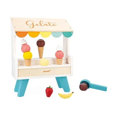 Image of Janod Play Food Ice Cream Stand 14 Magnetic Accessories Pretend FSC Wooden Toy 3 Years +, J06558, Multicolor, M