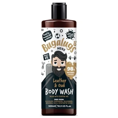 Image of BUGALUGS Mens Shower Gel 500ml, Natural Body Wash for Men Sensitive Skin packed with essential oils &amp; made Lake District Water. Now smell better than your Dog (Leather Oud)