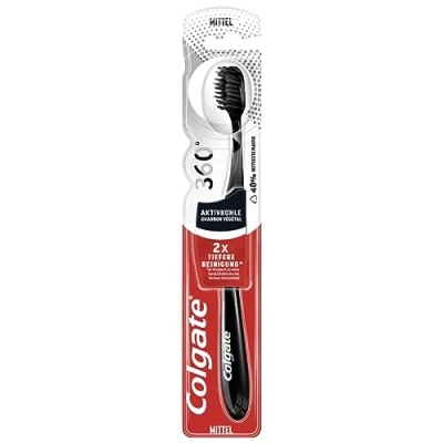 Image of Colgate Toothbrush 360 Activated Carbon, Medium, 1 Piece Manual Cleans Teeth, Tongue, Cheeks and Gums with Medium Hard Bristles Black