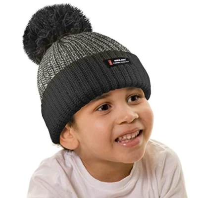 Image of RockJock R40 Kids Thermal Winter Woolly Pompom Bobble Beanie HAT Black/Grey