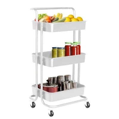 Image of HYFIVE 3 Tier Trolley Storage Cart on wheels Kitchen Utility for Bathroom Trolley, Beauty Hairdresser (White) elderly