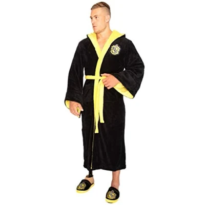 Image of Harry Potter Dressing Gown Hufflepuff House Men&#039;s Black Bathrobe One Size