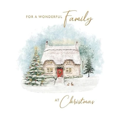 Image of Piccadilly Greetings Christmas Card Traditional For a Wonderful Family Bunny cottage 8 x 6 inches