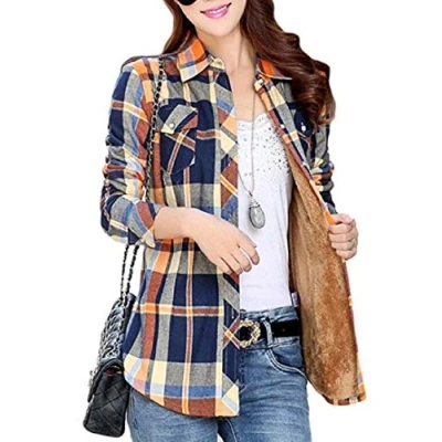 Image of Lazutom Women&#039;s Winter Warm Long Sleeves Fleece Lined Plaid Shirt Blouse Yellow Blue