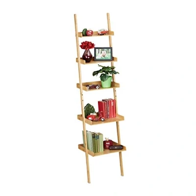 Image of Relaxdays Bamboo Ladder Shelf, 5 Tiers, Bathroom, Kitchen, Living Room, Lean to Rack, HxWxD: 190 x 45 40 cm, Natural
