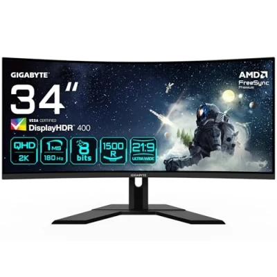 Image of Gigabyte G34WQCP 34&quot; WQHD Curved Gaming Monitor 3440 x 1440, 1500R, 180Hz, 1ms, 350 cd/m2, AMD FreeSync Premium, DisplayHDR 400, HDMI 2.0, Displayport 1.4