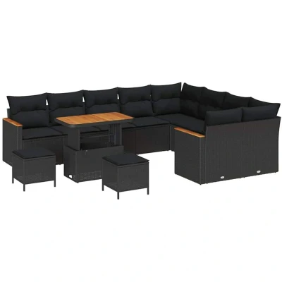 Image of 12 Piece Garden Sofa Set with Cushions Black Poly Rattan Acacia Vidaxl