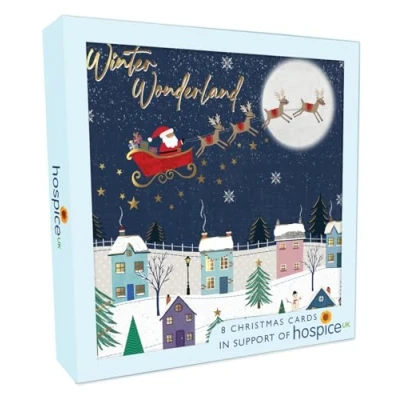 Image of Box of 8 Santa Sleigh Winter Wonderland Hospice UK Charity Christmas Cards XSA010