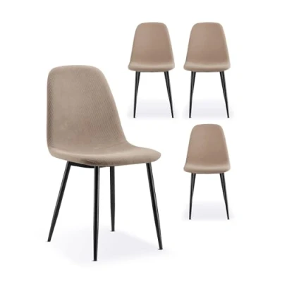 Image of VonHaus Dining Chairs Set of 4 Beige Kitchen with Black Metal Legs Upholstered Cord Effect for Room &amp; Dinner Table Cavell