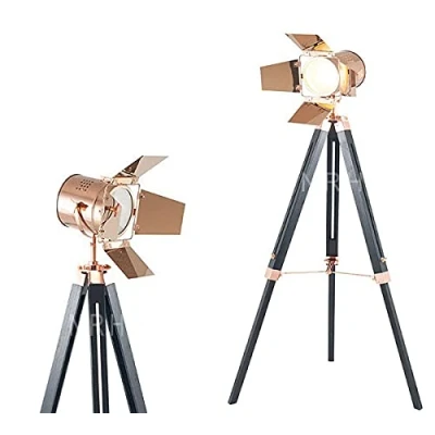 Image of Vintage Industrial SEARCHLIGHT Tripod Floor LAMP Designer Brass Nautical Spotlight Decor