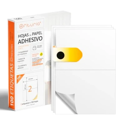 Image of OFITURIA White Adhesive Label (A4) Sticker Paper for Printing Pack of 100 Sheets with Permanent and Easy Peel Off (100 Sheets, A5)
