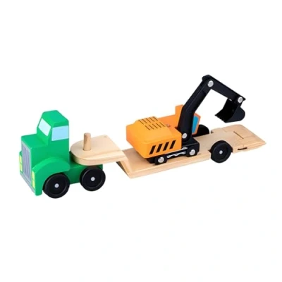 Image of RLS Wooden Toy Car Transporter with excavator Digger