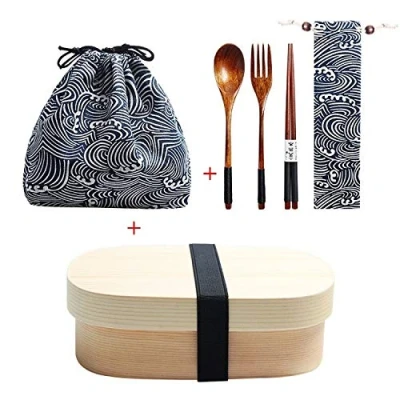 Image of Wooden Lunch Box Japanese Bento Dinnerware Set with Bag &amp; Spoon Fork Chopsticks Picnic for Students (JP6)