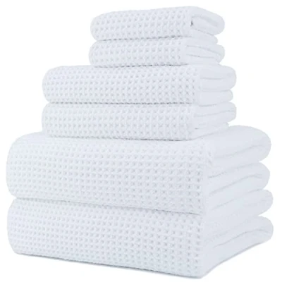 Image of POLYTE Microfibre Oversize, 76 x 152 cm, Quick Dry Lint Free Bath Towel Set, 6 Piece (White, Waffle Weave)