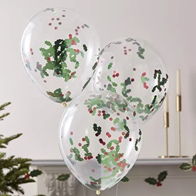 Image of Ginger Ray Christmas Holly Filled Party Confetti Balloons 5pk,Green,red
