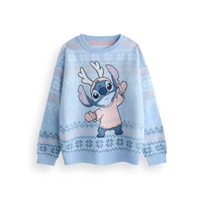 Image of Disney Lilo &amp; Stitch Womens Christmas Jumper in Blue Warm Graphic Knitted Sweater for Adults Festive Holiday Long Sleeve Knitwear Top Fun Pullover Knit Unique Movie Merchandise Gift Her