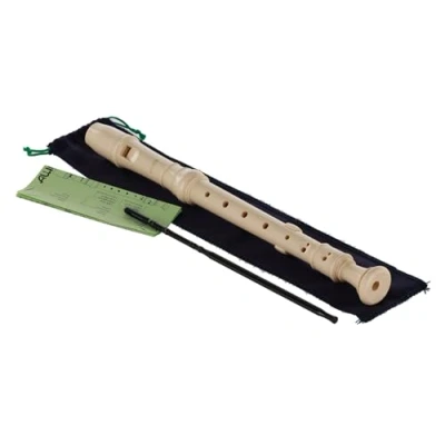 Image of Aulos C soprano recorder Elite 302B, flute (German fingering, complete with bag, wiper stick and fingering chart) made of synthetic resin, curved windway, ivory coloured