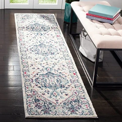 Image of SAFAVIEH Modern Chic Rug for Living Room, Dining Bedroom Madison Collection, Short Pile, in Navy and Fuchsia, 61 X 244 cm