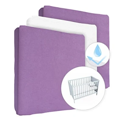 Image of 2 Jersey 100% Cotton Fitted Sheets with 1 Waterproof Mattress Protector for 120x60 cm Cot (Violet)