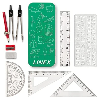 Image of Linex Maths Set for Students, Geometry in a Tin, 10 Pieces, Compass, Protractor