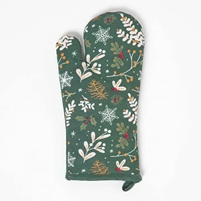 Image of HOMESCAPES Green Oven Glove 100% Cotton Christmas Mitt with Floral Holly Xmas Pattern