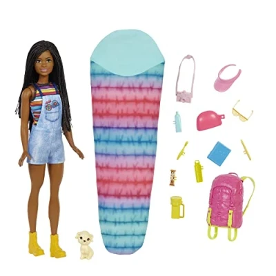 Image of Barbie It Takes Two “Brooklyn Camping Doll with Puppy &amp; 10+ Accessories, 3 to 7 Years , Black