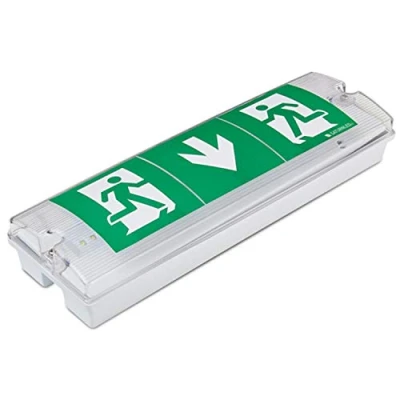 Image of Slimline LED Emergency IP65 Maintained Or Non Waterproof Fire Exit Sign Bulkhead Light Fitting With Green Legend Kit Low Energy EM3 NM3 M3 E3M 3 Hour Battery Backup