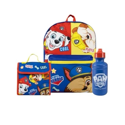 Image of Paw Patrol Backpack 3 Piece Set Boys School Bag Marshall, Rubble And Chase Backpack, Lunch Water Bottle Blue One Size