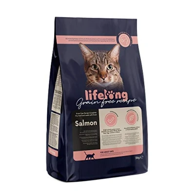 Image of Amazon Brand Lifelong Dry Cat Food for Adult Cats, Grainfree Recipe with Fresh Salmon, 1 Pack of 3kg