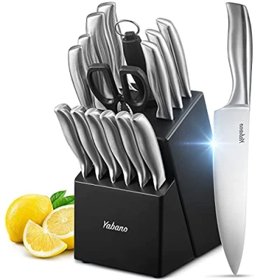 Image of Knife Set, 16 Piece Kitchen Knifes Set with Block Wooden, German High Carbon Stainless Steel Chef Knife, Steak Knives, Meat Scissors, Sharpener by Yabano