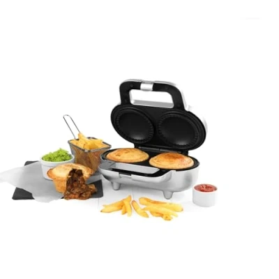 Image of Progress Deep Fill Pie Maker Double Non Stick Plates, Cool Touch Lock Latch Handle, Crimping Edge, Sweet &amp; Savoury Pies, 3 5 Min Preheat, Twin XL Fruit, Meat, Mince Pie, Silver, 1000W
