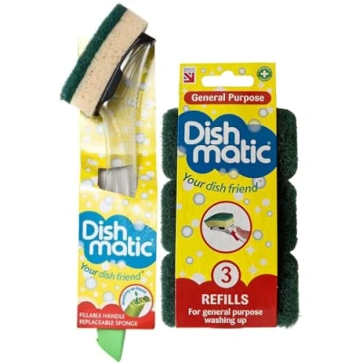 Image of Dishmatic Fillable Washing up Brush and Sponge Easy Grip Dish Cleaner +1 Bonus Refill with 3X General Purpose Refills