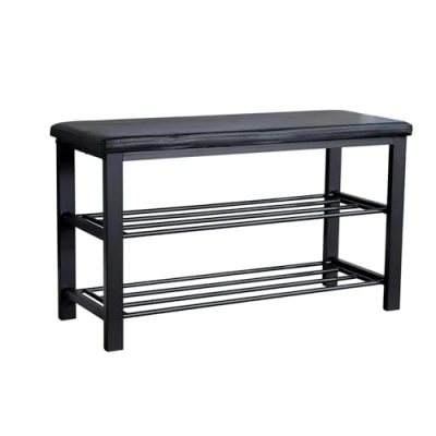 Image of Home Source Shoe Storage Bench, 2 Open Shelves, Black Metal Frame, Bedroom Hallway Entryway Organiser, PU Leather Padded Seat