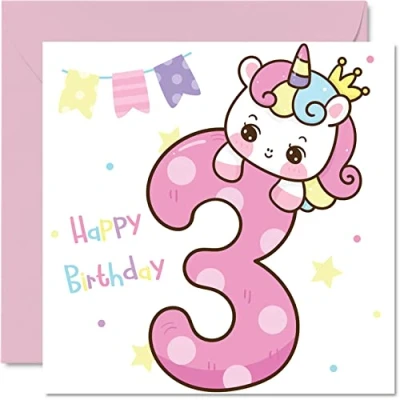 Image of 3rd Birthday Card Girl Magical Unicorn Happy 3 Year Old Girl, Girls Cards for Her, 145mm x Greeting Daughter Niece Granddaughter Kid Children