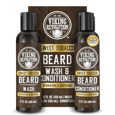 Image of Viking Revolution Beard Shampoo And Conditioner Natural Wash &amp; With Argan Jojoba Oils Softens Strengthens Gifts For Men Sweet Tobacco 2 x 150 ml