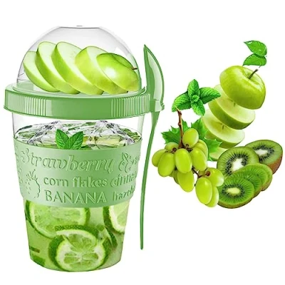 Image of VL Yogurt Pots Spoon Reusable 600ML Overnight Oats Container Muesli Cup with Lid BPA free Breakfast Cereal On Go Dishwasher Safe Snack Lunch Oatmeal Jars Travel Meal Food (Green)