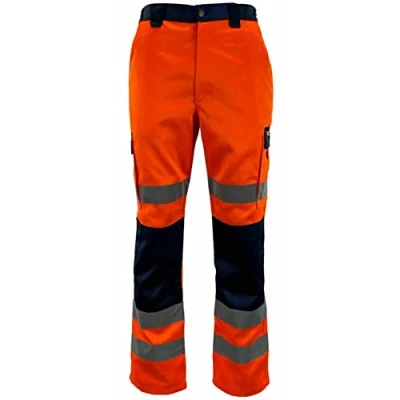 Image of Mens High Visibility Summer Work Pants Hi Vis Pocketed Waterproof Cotton Trousers Adults Unisex Utility Viz Two Tone (Orange/Navy 5X Large)