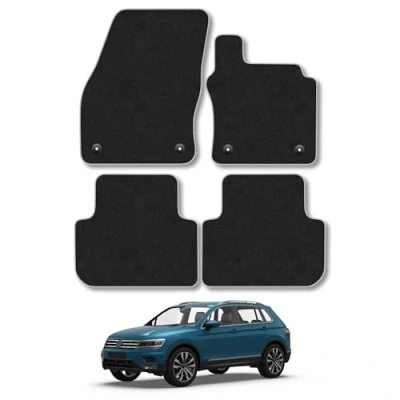 Image of Car Mats Compatible with VW Tiguan (2016+) Tailored Fit Grey Trimmed Carpet Floor Mat Set Accessory Black Custom Fitted 4 Pieces Clips Anti Slip Backing &amp; Trim Edging
