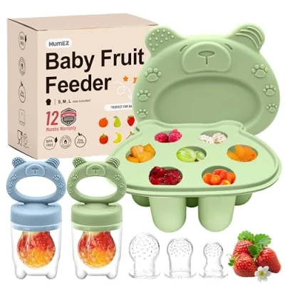 Image of MumEZ Baby Fruit Feeder Set, Includes 2 Food Dummy Feeders with 3 Size Nipples, Silicone for Babies, Freezer Trays, Pacifier &amp; Storage Containers