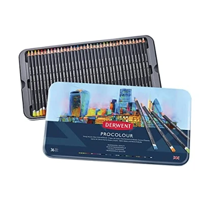Image of Derwent Procolour Pencils Set Of 36 In Tin, 4mm Round Core, Premium Core Strength, Smooth Texture, For Fine Art Drawing &amp; Colouring, Professional, 2302507, Yellow,Blue,Green,Red,Pink,Black,Purple