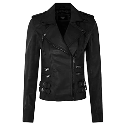 Image of Ladies Retro Black 100% Nappa Leather Biker Jacket XS